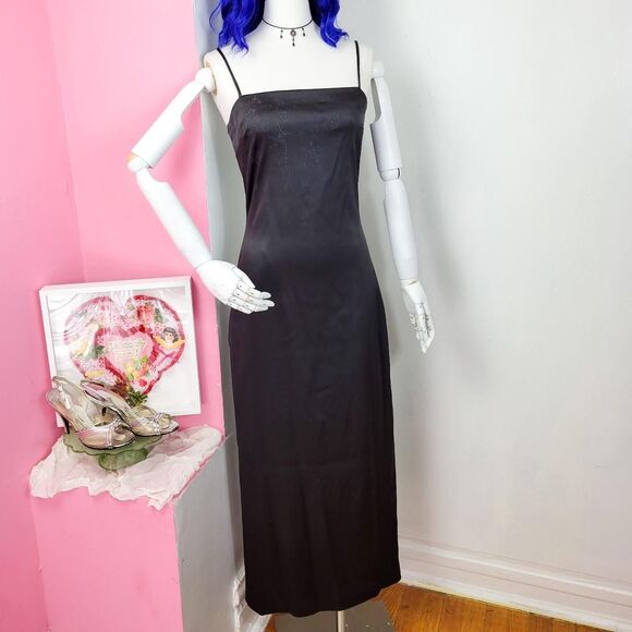 Vintage 90s Black Satin Glitter Floral Maxi Dress - Picture 3 of 7